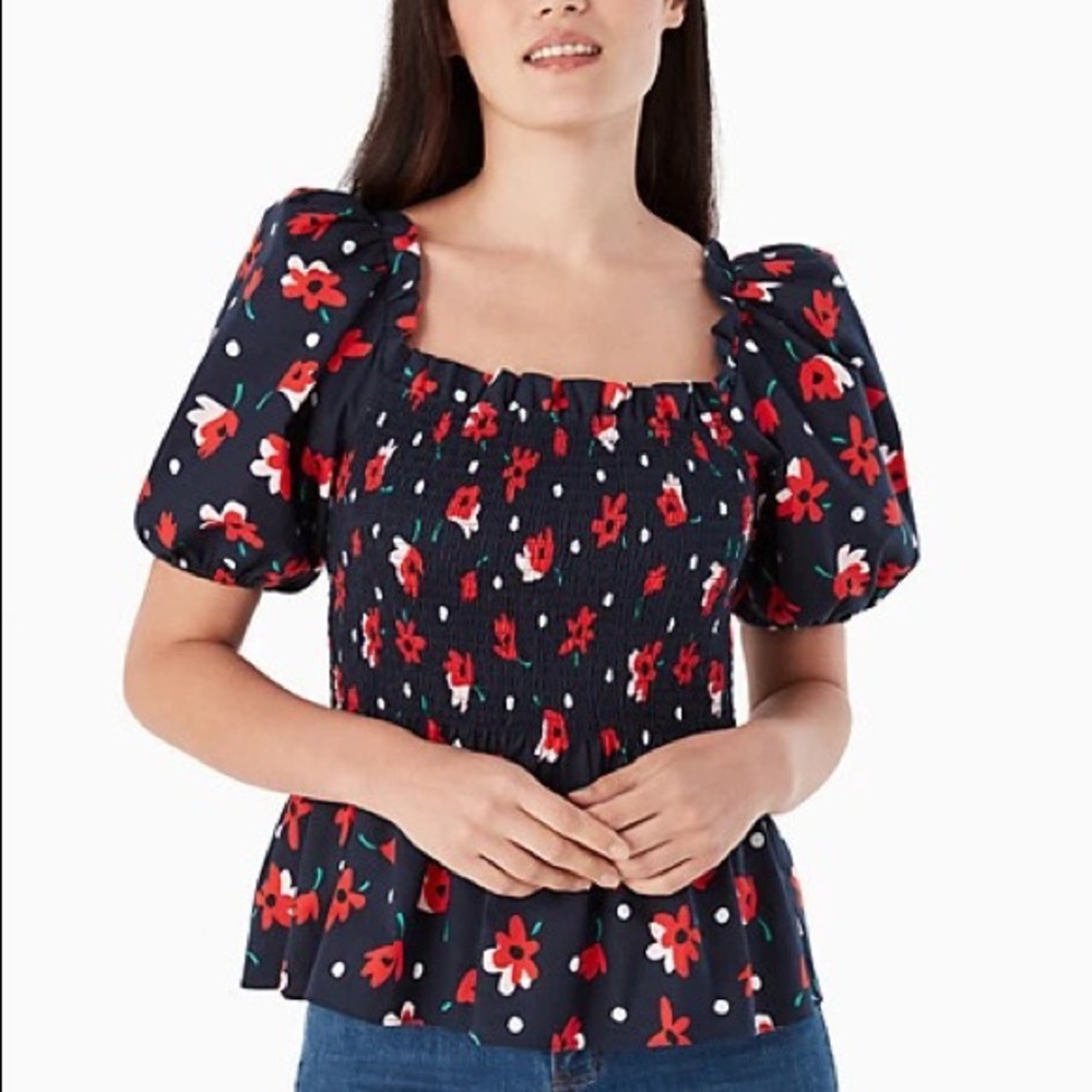 Kate spade whimsy floral puff-sleeve top